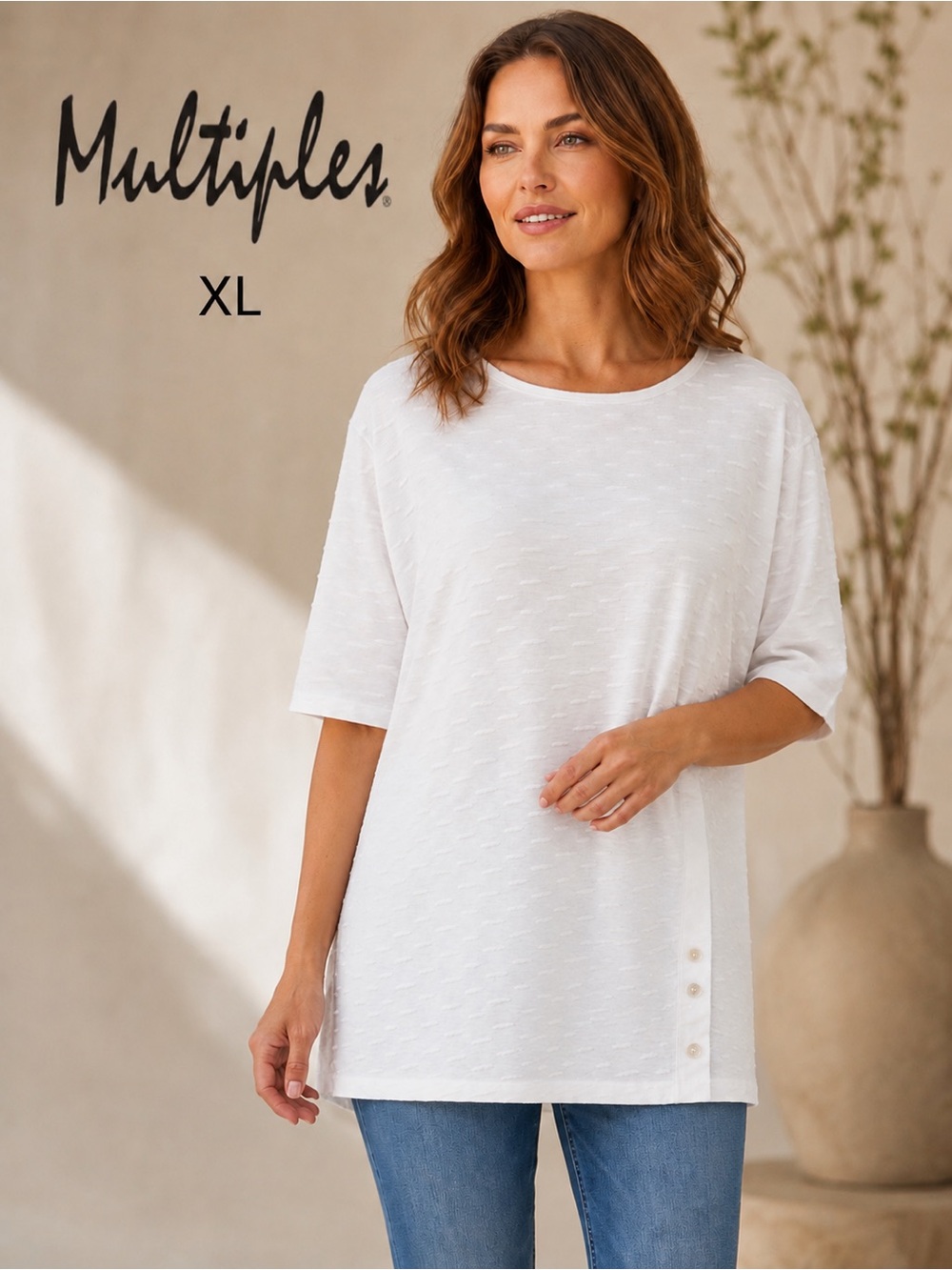 Multiples White Textured Tunic Top Raised Dash Pattern Excellent Condition XL